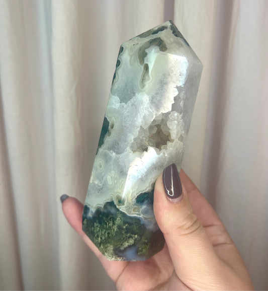 398g Druzy Moss Agate Tower